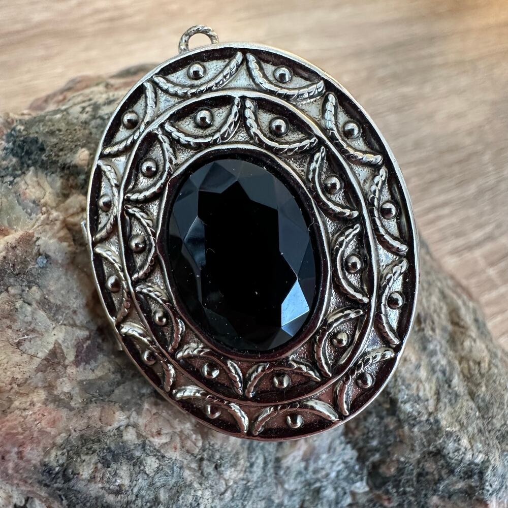 Vintage Avon Perfume‎ Locket Necklace Brooch Silver Tone with Black Faux Stone